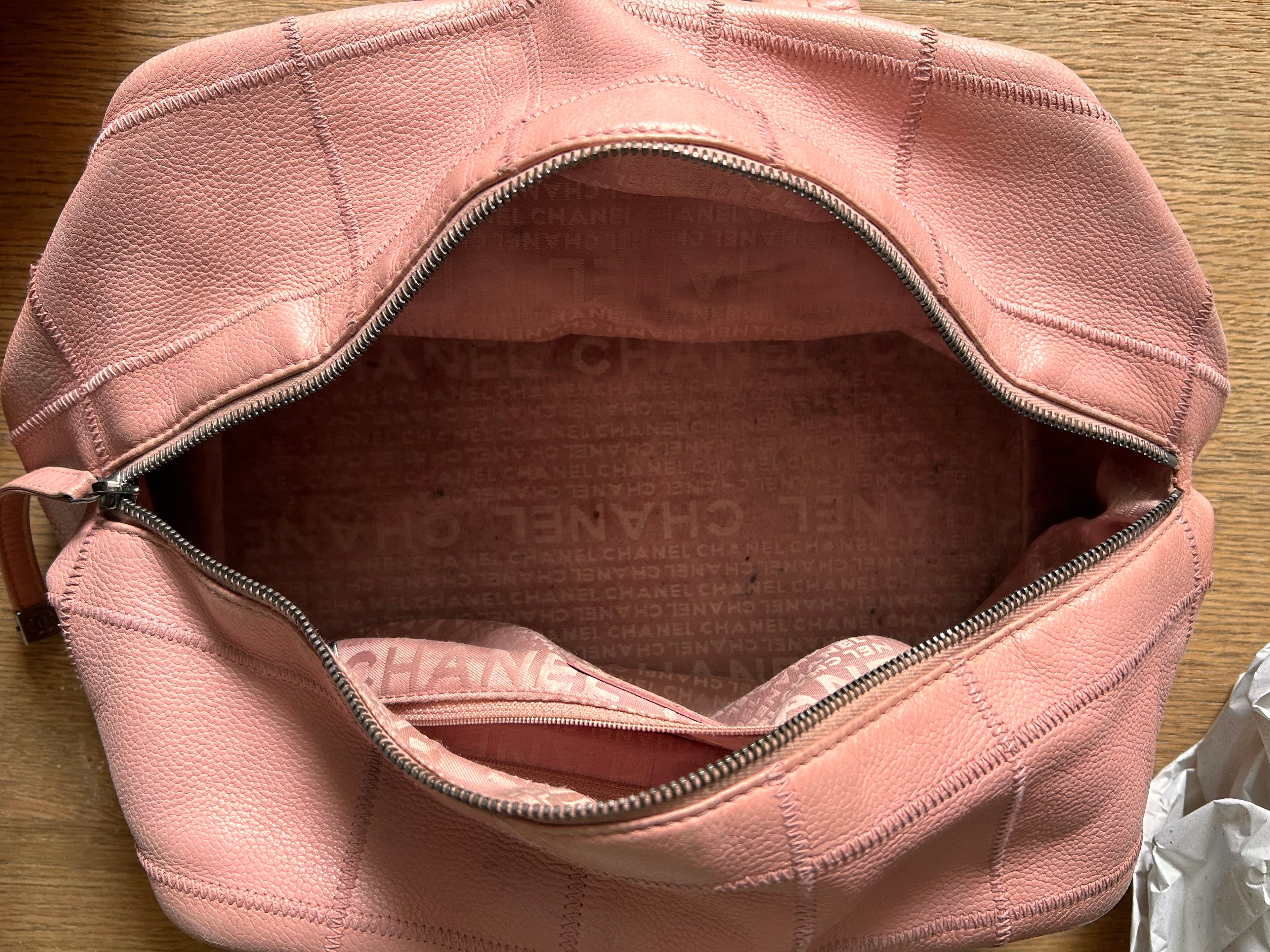 Chanel Chocolate Bar bowling bag. Pink leather. Silver hardware.