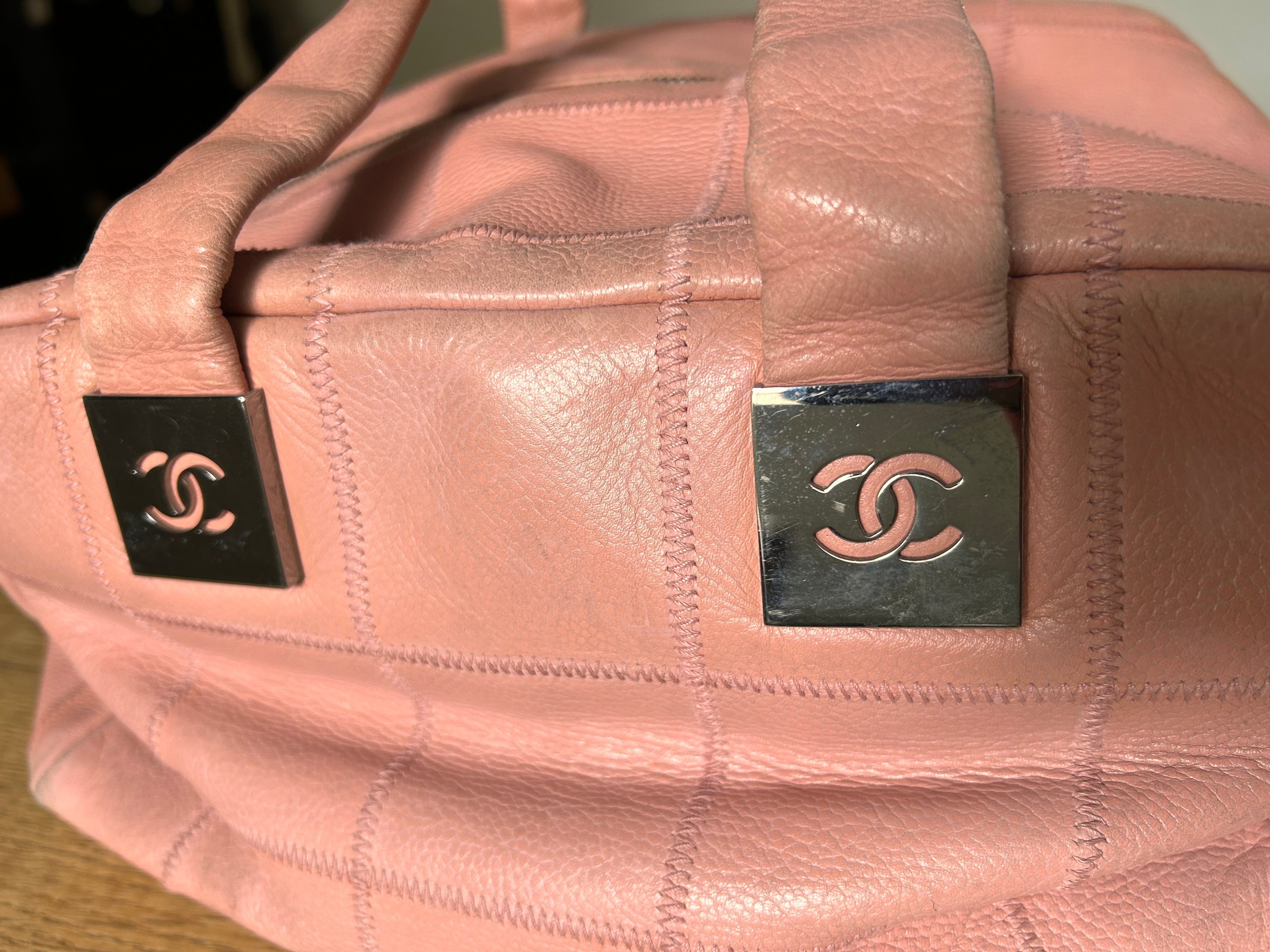 Chanel Chocolate Bar bowling bag. Pink leather. Silver hardware.