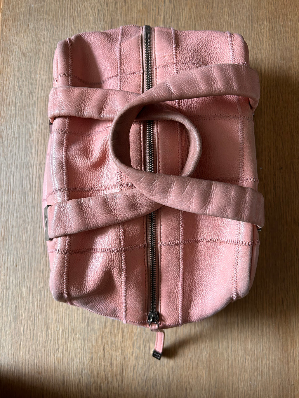 Chanel Chocolate Bar bowling bag. Pink leather. Silver hardware.